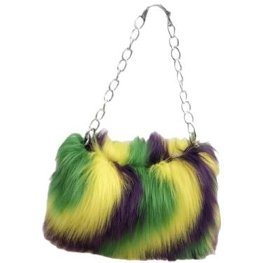 Imagem de Auhoho Bolsa feminina de ombro de pele sintética fofa com corrente de leopardo felpuda, bolsa Hobo, Verde
