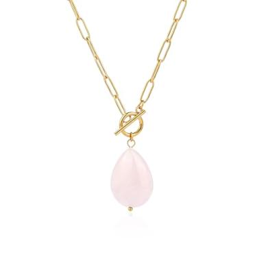 Imagem de TaYolnFaSo Colar com clipe de papel de pedra preciosa em gota banhado a ouro 18K, aventurina verde/quartzo rosa/turquesa, joia presente para mulheres, Banhado a ouro, Quartzo rosa