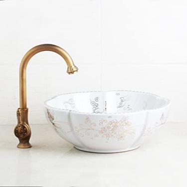 Imagem de Conjunto de pia de banheiro arte azul bacia de cerâmica torneira de latão antigo roatado branco torneira misturadora de lavatório pop up ralo (4615)