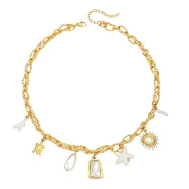 Imagem de Colar com pingente de sol, estrela-do-mar, pérola, coração, tartaruga, sol, dopamina, aço inoxidável, clavícula, joia banhada a ouro