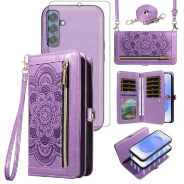 Imagem de Asuwish Capa de celular para Samsung Galaxy S25 5G carteira com zíper destacável com protetor de tela de vidro temperado alça transversal para pulso mandala flor porta-cartão S 25 25S SM-S931U
