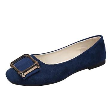 Imagem de Tênis feminino casual cor doce com fivela decorativa e bico quadrado tamanho grande para trabalho e dia a dia, Azul-royal escuro, 35