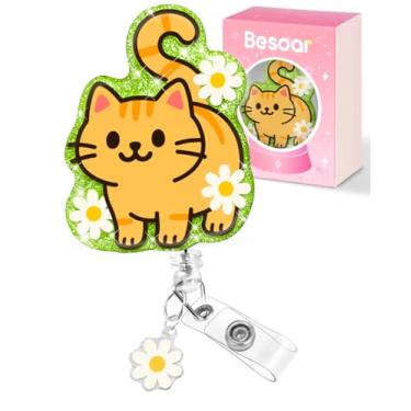 Imagem de Besoar Carretel de crachá retrátil - Porta-crachá de flor de gato fofo com clipe jacaré, presente para enfermeira trabalhadora de escritório, acessórios de identificação de estudante de medicina