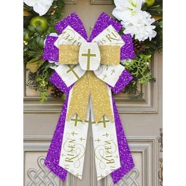 Imagem de Grandes laços He is Risen para grinaldas, laços de guirlanda cruzada, laços religiosos, laços roxos dourados com glitter para artesanato, decoração de Natal de Páscoa, laços religiosos para grinaldas