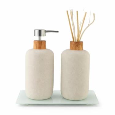 Imagem de Kit Lavabo Luxo 3 Peças Cerâmica Textura Areia e Madeira com Porta Sabonete Líquido Difusor de Aromas e Bandeja de Vidro Decoração Banheiro Moderno Minimalista
