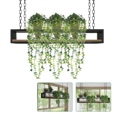 Imagem de Prateleira suspensa para cozinha e janela - moldura de madeira maciça e ferro, suporte decorativo para exibição de vasos de flores, 100 x 25 x 15 cm, ideal para jardinagem interna e decoração de casa