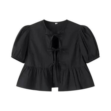 Imagem de Blusa Branca E Preta Com Babados E Mangas Bufantes, Top Cropped Para M