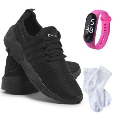 Imagem de Kit Tenis Casual Feminino Com Relogio e Meia - Schiareli, 37, Preto, P