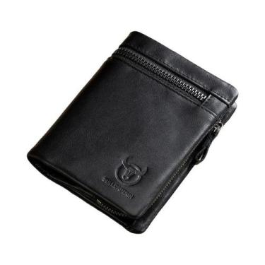 Imagem de Carteira De Couro Masculina Com Bloqueio RFID, Dobrável, Com Zíper E P