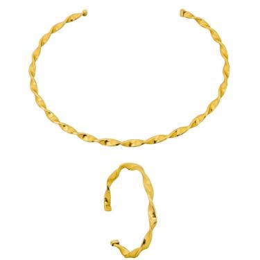 Imagem de Conjunto Choker Aro e Bracelete Folheado a Ouro 18k Design Curvado Dourado