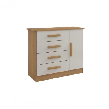 Imagem de Cômoda Firenze 4 Gavetas 1 Porta em MDF com Puxador de Madeira Off White e Cinamomo