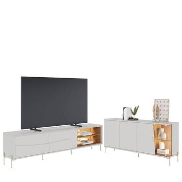 Imagem de Rack Bancada Amalfi Com Pés Em Metal E Aparador Buffet Sena Com Led Off White Matte Fre...
