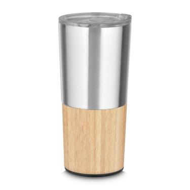 Imagem de Copo Térmico Bambu em Aço Inox Parede Dupla 550ML Prata para Bebidas com Isolamento a Vácuo e Tampa Vedada