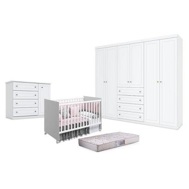 Imagem de Quarto De Bebê Americano 6 Portas Com Berço Nacional Mel Branco Acetinado - Reller - Henn E Colchão Gazin.