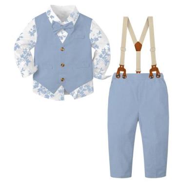 Imagem de Terno de linho para meninos SANGTREE, de 5 peças, azul floral, de 9 a 