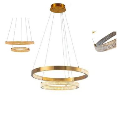 Imagem de Luminaria Pendente Lustre Arco 2 Aneis Dourado Cristal Led 52w Moderno