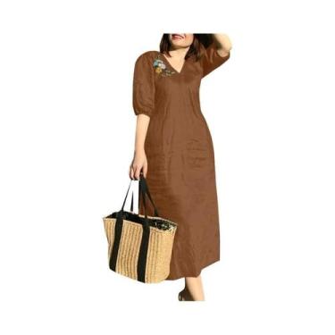 Imagem de Vestido Feminino Com Bordado Floral, Decote Em V, Manga Curta, Elegant