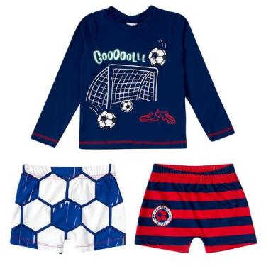 Imagem de Conjunto Praia Infantil Menino Proteção UV Camiseta e 2 Sungas Footbal