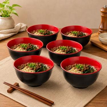Imagem de Kit 6 Tigelas Orientais 850ml Preta Vermelha Bowl Ramen Sopa Açaí Sala