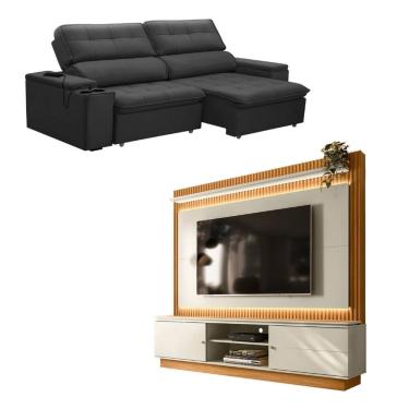 Imagem de Kit Sofá 3 Lugares Genebra com Estante Home Led MDP 210cm Grafite Nature Off White Ferguile Estofados