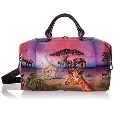 Imagem de Anna by Anuschka Bolsa feminina de couro legítimo grande para viagem | Arte original pintada à mão, Pôr-do-sol Serengeti, One Size