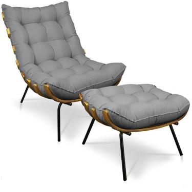 Imagem de Kit 01 Poltrona E 01 Puff Costela Linho Base De Metal - D`Rossi A26 Grafite