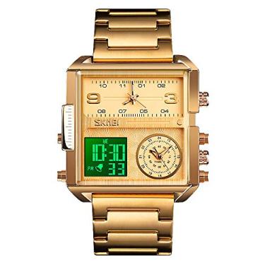 Imagem de SKMEI Relógio esportivo digital masculino, LED quadrado, mostrador grande, analógico, quartzo, cronômetro à prova d'água com vários fusos horários, ouro-claro, 1.78*1.61*0.55 inch, negócios
