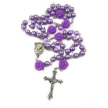 Imagem de Nazareth Store Colar de rosário com contas de pérolas roxas católicas 6 mm, medalha e cruz de solo sagrado