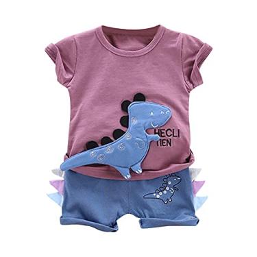 Imagem de Roupas infantis para meninos de 6 meses a 3 anos camiseta de dinossauro 3D + shorts moda casual conjunto de duas peças, Roxa, 6-12 meses