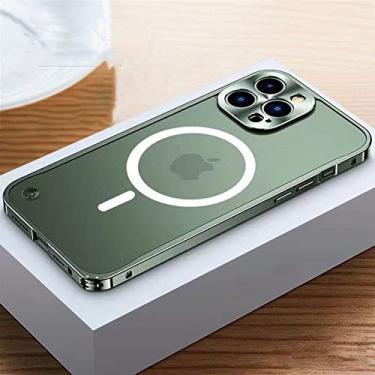 Imagem de Capa de telefone magnética de metal para iphone 12 13 14 pro max mini para iphone 14 plus para carregamento sem fio capas foscas de alumínio, verde escuro, para iphone 14pro