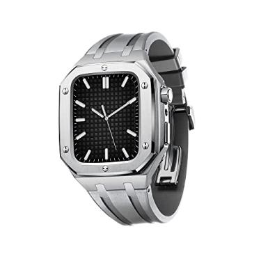 Imagem de KANUZ Capa protetora de cobertura total para pulseira de relógio Apple 45mm 44mm masculina feminina capa protetora de metal com pulseira de silicone à prova de choque (cor: cinza prateado, tamanho: 45mm para 7)