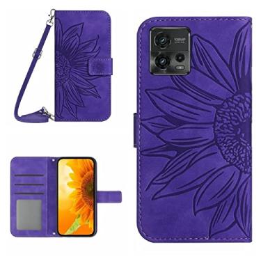 Imagem de For Motorola Moto G72 5G Skin Feel Sun Flower Pattern Flip Leather Phone Case with Lanyard
