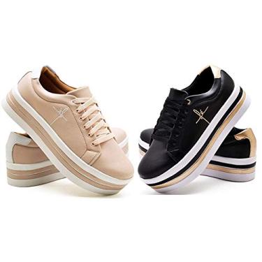 Imagem de Kit 2 Tênis Feminino Plataforma Bordado Fé Anabela Exclusiva Cor:Preto e Nude;Tamanho:35