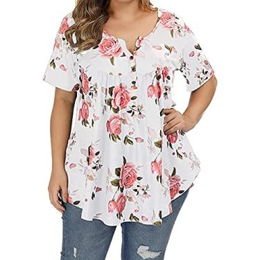 Imagem de Camiseta feminina plus size manga curta estampa floral gola V botão camisa casual pulôver camisas camisas de manga curta, branca, XGG
