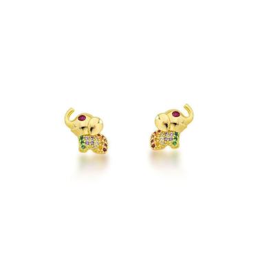Imagem de Brinco Elefante Da Sorte Colorido Banhado Ouro 18k