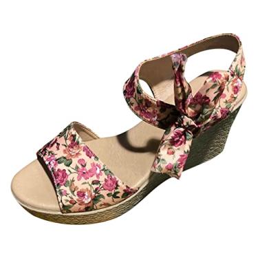 Imagem de Coerni Sandálias de férias com tira no tornozelo para mulheres com padrão floral decoração de laço, sandálias de anabela, sandálias de casamento para mulheres baixas, rosa, 7.5