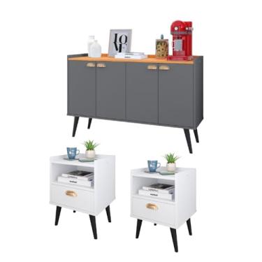 Imagem de Kit Casa Completa 2 Mesas Cabeceira Estilo Mesinhas Lateral Cama Aparador Buffet Kiev Cantinho Café Cozinha Sala Estar - RPM Móveis (Branco | Cinza/Cinamomo)