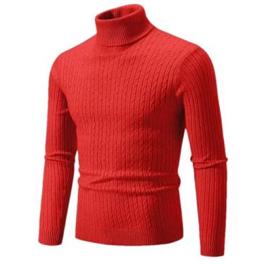 Imagem de KANG POWER Suéter quente de gola rolê outono inverno suéter masculino pulôver fino suéter masculino malha camisa inferior, Vermelho, G