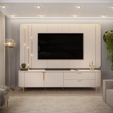 Imagem de Painel com Bancada 241cm Avatar com LED e Detalhes Dourados para TV Até 75 Off White G18 - Gran Belo