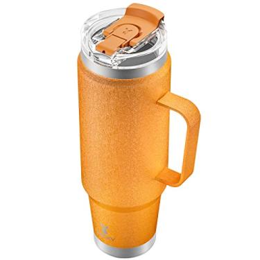 Imagem de Meoky Copo de 1,18 l com canudo DUO 2 em 1 e tampa de gole, copo 100% à prova de vazamento com alça, caneca de café isolada de aço inoxidável, mantém frio por 34 horas ou quente por 10 horas (Maple)