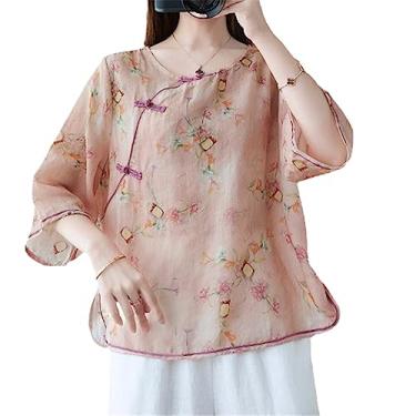 Imagem de Blusa chinesa com estampa de linho de algodão de verão feminina estilo étnico vintage tradicional chinesa blusas finas Cheongsam, H-8855, G