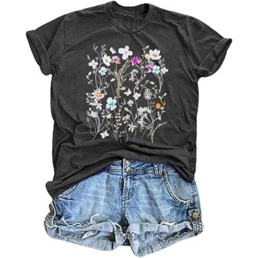 Imagem de Camisetas femininas com estampa de flores de girassol camisetas inspiradoras casuais Faith Shirt Tops, Flor silvestre cinza, P