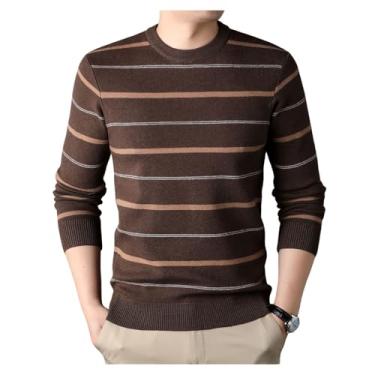 Imagem de Suéter masculino listrado fino camada base borda canelada pulôver base gola redonda camada tricotado, Café, XG