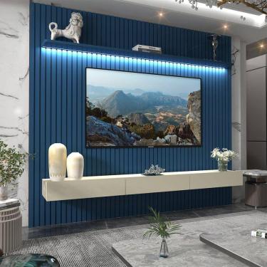 Imagem de Painel para TV até 90 Polegadas 229x250cm Ripado com LED 3 Gavetas 100% MDF Azul/Off White