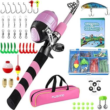 Imagem de PLUSINNO Vara de pesca infantil, kit de combo de vara de pesca telescópica portátil e carretel - com caixa de equipamentos de carretel de pesca spincast para meninos, meninas, jovens (rosa, 1,2 m 9,5 pés)