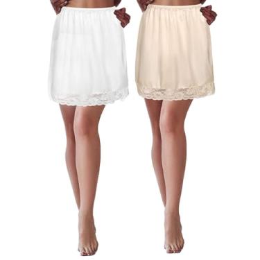 Imagem de Juephe 2 peças de meia saia de renda deslizante para sob vestidos extensores de saia feminina antiestática sobre joelhos, Cáqui e branco, M