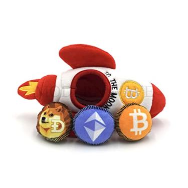 Imagem de MODERN WAVE - Brinquedo de pelúcia Squeaky Dog Bitcoin Crypto - Brinquedo interativo de esconde-esconde tipo esquilo para cães, pequeno - tamanho médio (foguete e moedas)