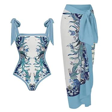 Imagem de Maiô feminino de uma peça com saída de praia combinando étnico floral, conjunto de biquíni sarongue de corte alto, push up, duas peças, Azul claro, G