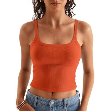Imagem de EADINVE Camiseta feminina com gola canoa e alças finas para o verão, básica, canelada, sem mangas, slim fit 2024, Laranja, PP