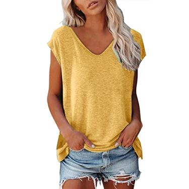 Imagem de Camiseta feminina de algodão com gola V, cor sólida, leve, casual, confortável, para mulheres, Amarelo, M